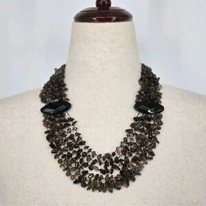 Smoky Quartz Chip Bib Necklace Multi Strand Brown Black Faceted Statement Choker